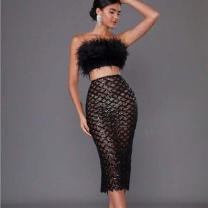 2Pc. Set Fuzzy Trim Crop Tube Top & Sequin Pencil Skirt
